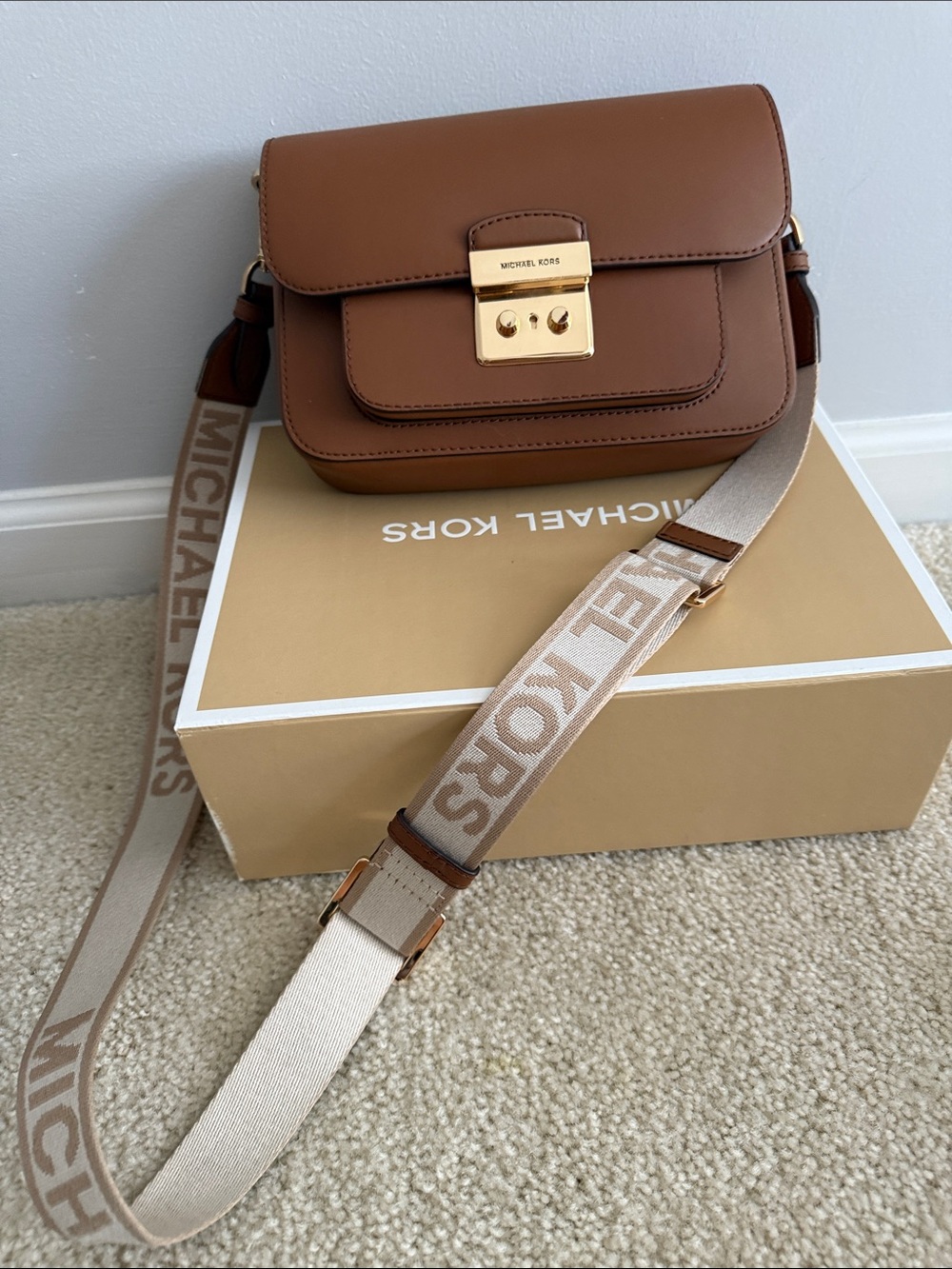 Michael Kors Chestnut Brown Leather Crossbody with Branded Strap